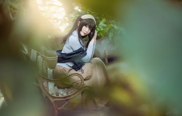 Picture look, leaves, girl, bench, nature, face, pose, style