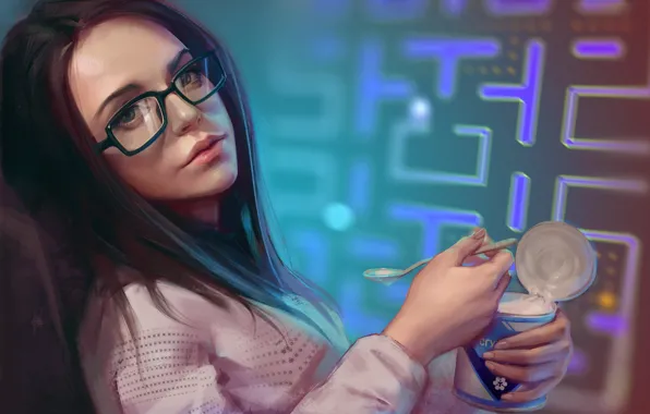 Girl, art, glasses, Bank, spoon, pac man, condensed milk