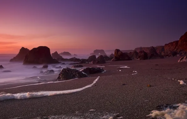 Sand, sea, beach, purple, the sky, sunset, stones, sea foam