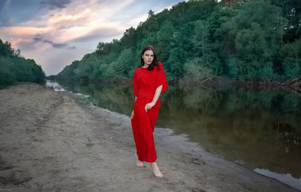 Picture forest, summer, the sky, girl, nature, river, shore, dress