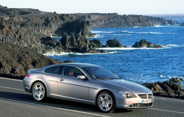 Road, sea, stones, rocks, shore, coast, silver, BMW