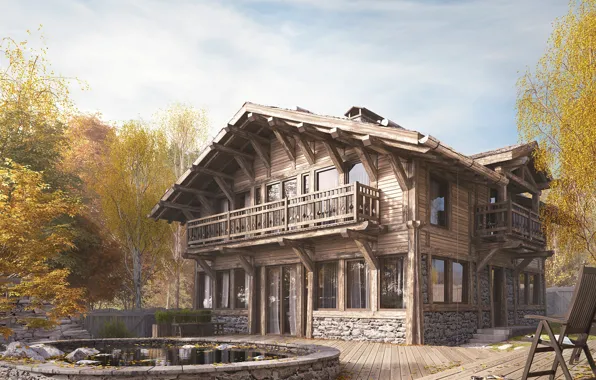Trees, house, chair, architecture, CHALET HOUSE