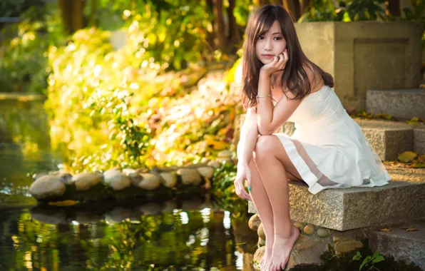Picture girl, pond, hair, dress, legs, Asian