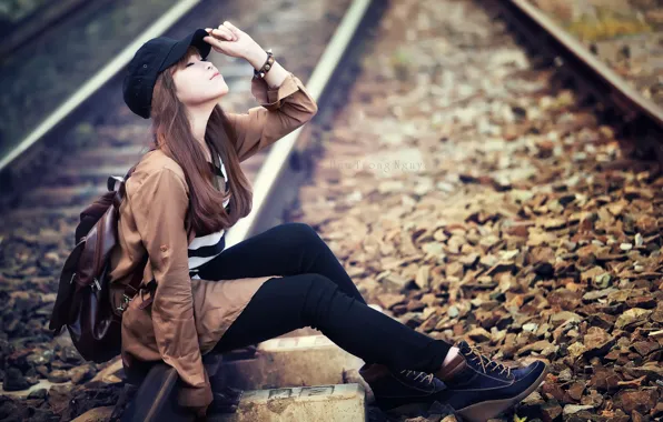 Girl, mood, railroad, Asian