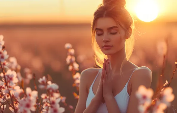 Field, girl, the sun, light, flowers, branches, cherry, pose