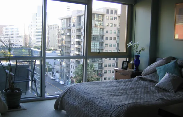 Design, the city, style, room, interior, apartment, bedroom, views of the city from the room