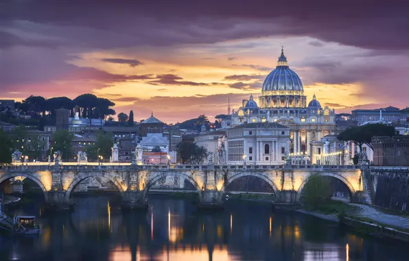 Picture bridge, the city, building, the evening, lighting, Rome, Italy, Cathedral