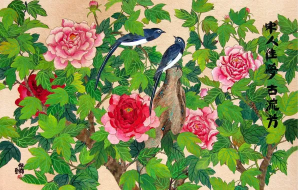 Flowers, bird, figure, art, China