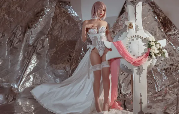 Underwear, Asian, gesture, cosplay, white stockings, short hairstyle, in full growth, slim figure