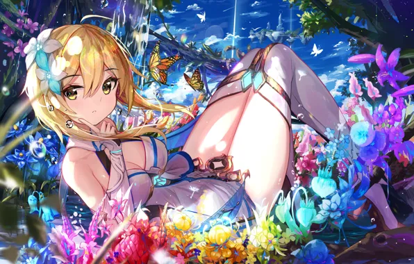 Girl, flowers, Genshin Impact, Light