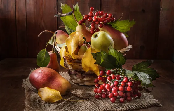 Autumn, leaves, berries, table, Board, fruit, still life, pear