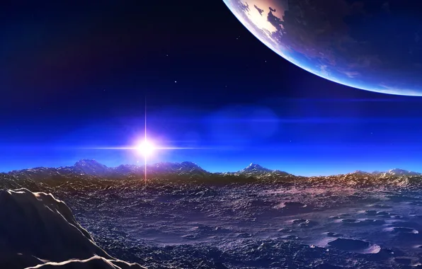 Picture the sky, stars, rays, light, mountains, planet, satellite
