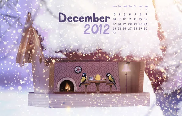 Picture snow, birds, tea, new year, Christmas, birdhouse, new year, calendar