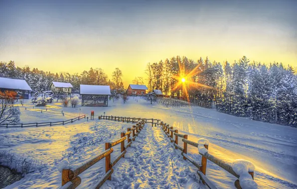 Winter, the sun, snow, the fence, home, trail, village, hdr