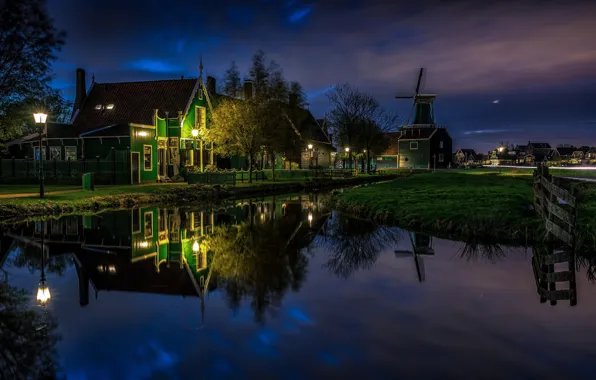 Picture night, lights, reflection, home, channel, Netherlands, windmill, The Zaanse Schans
