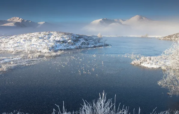 Ice, winter, frost, the sky, light, snow, landscape, mountains