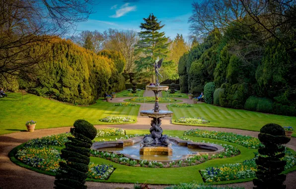 Picture autumn, trees, flowers, design, Park, lawn, England, fountain