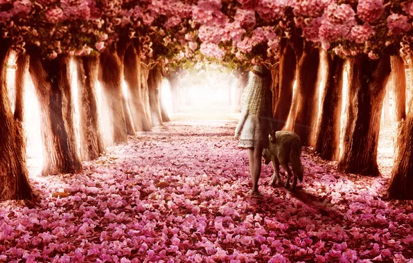 Picture girl, trees, flowers, wolf, walk, alley, wreath, back