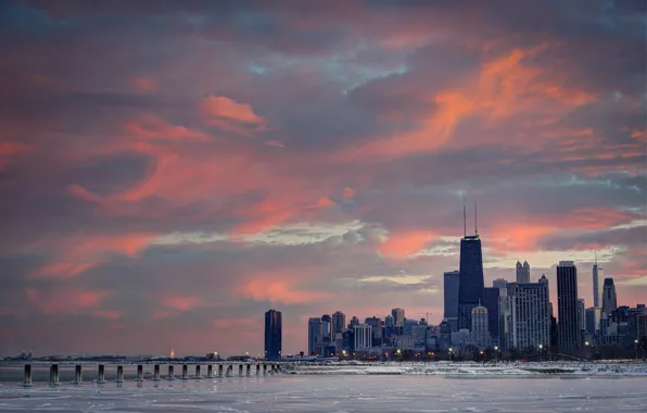 Winter, the city, lights, river, skyscrapers, the evening, Chicago, Illinois