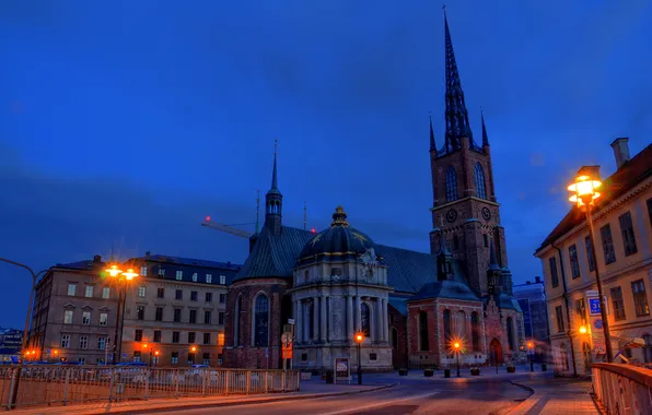 Night, street, lights, Church, Stockholm, Sweden