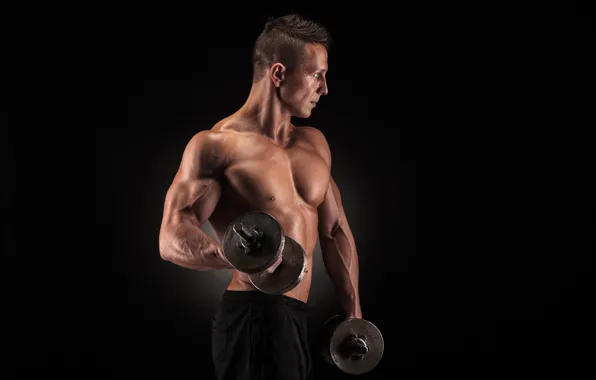 Pose, muscle, muscle, background black, training, athlete, dumbbells, biceps
