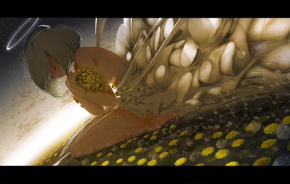 Girl, glade, dandelions, halo
