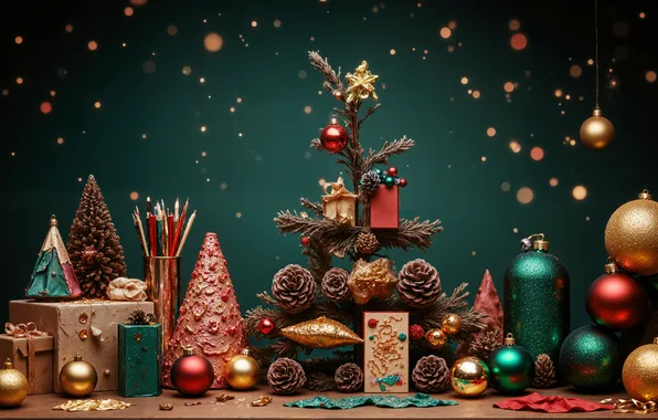 Balls, branches, lights, balls, toys, pencils, green, Christmas