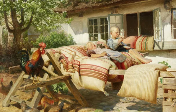 Danish painter, 1902, Danish painter, The sun is shining in the neighbor's mansion, Hans Ola …