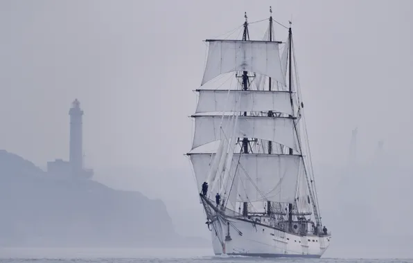Picture sea, landscape, fog, lighthouse, sailboat