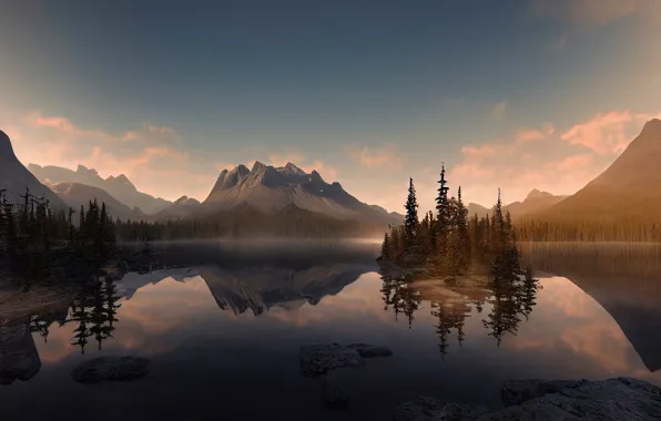 Forest, the sky, clouds, landscape, mountains, nature, fog, reflection