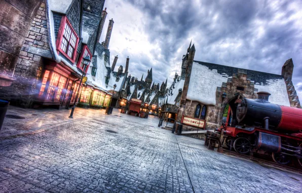 Winter, snow, street, home, town, universal studios florida, Wizarding world of harry potter