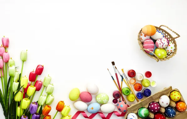 Flowers, eggs, spring, colorful, Easter, tulips, wood, flowers