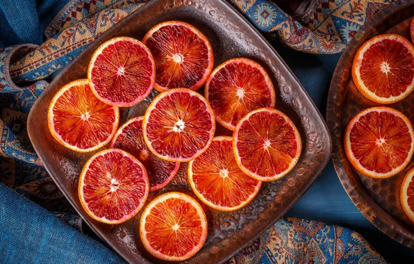 Towel, oranges, fabric, circles, a lot, slices, tray, cutting