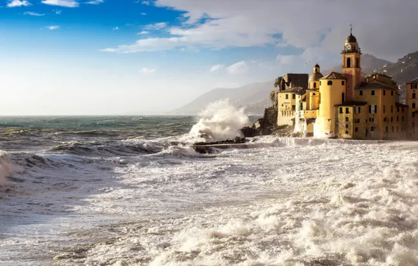 Sea, wave, beach, shore, Italy, Church, Italy, travel