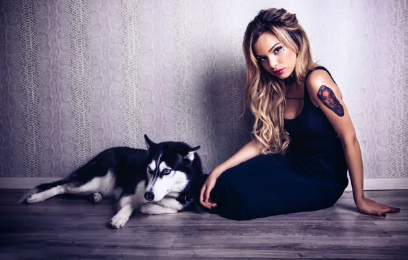 Picture girl, room, wall, dog, makeup, tattoo