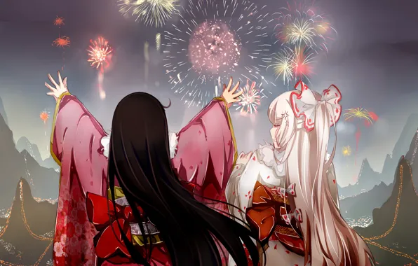 Girls, salute, anime, art, fireworks, Touhou, Touhou, Touhou