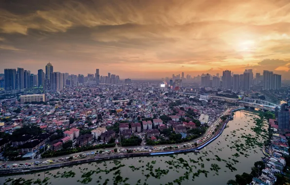 Sunset, bridge, the city, river, Manila