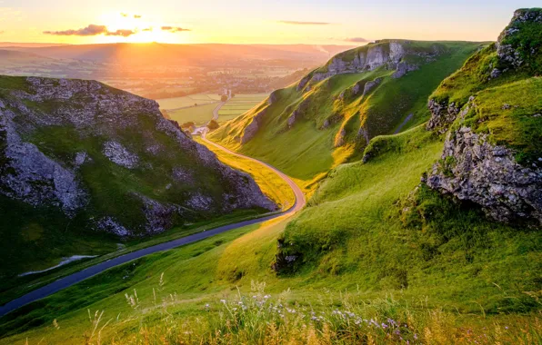 Picture road, summer, grass, mountains, stones, rocks, dawn, hills