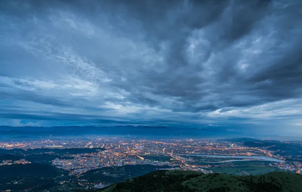Picture the sky, clouds, the city, lights, fog, Strait, view, height