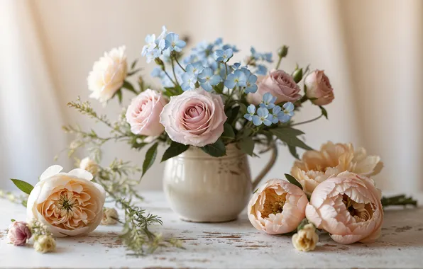 Leaves, table, roses, bouquet, blue, pink, pitcher, still life