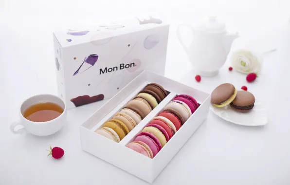 Raspberry, tea, kettle, cake, Ranunculus, macaroon