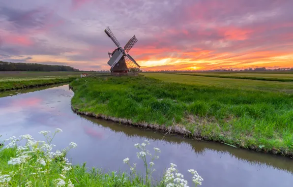 Landscape, sunset, nature, mill, meadows, river