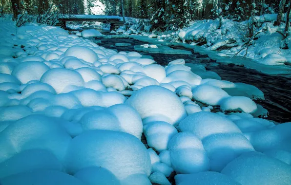 Winter, Bridge, Snow, Forest, Stones, River