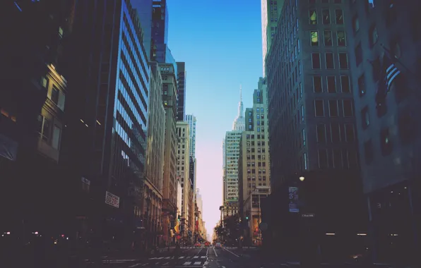 The sky, street, building, New York, cars, solar, traffic lights, United States