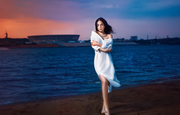 Picture girl, sunset, pose, river, the wind, the evening, hands, dress