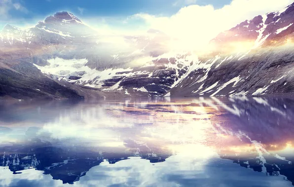 Clouds, snow, mountains, lake