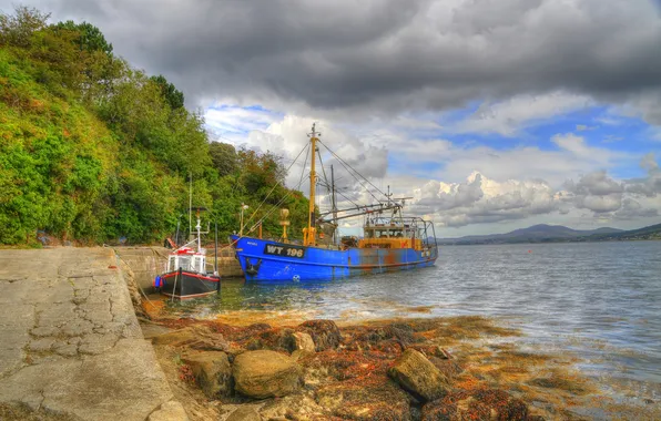 Sea, the sky, clouds, stones, coast, treatment, pier, hdr