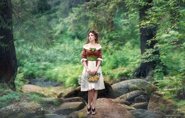 Picture look, girl, flowers, nature, pose, stones, dress, Anastasia Barmina