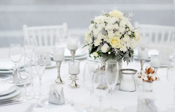 Flowers, table, holiday, roses, bouquet, dishes, vase, decor