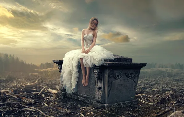 Picture girl, dress, Loneliness, headstone, fantastic artworks